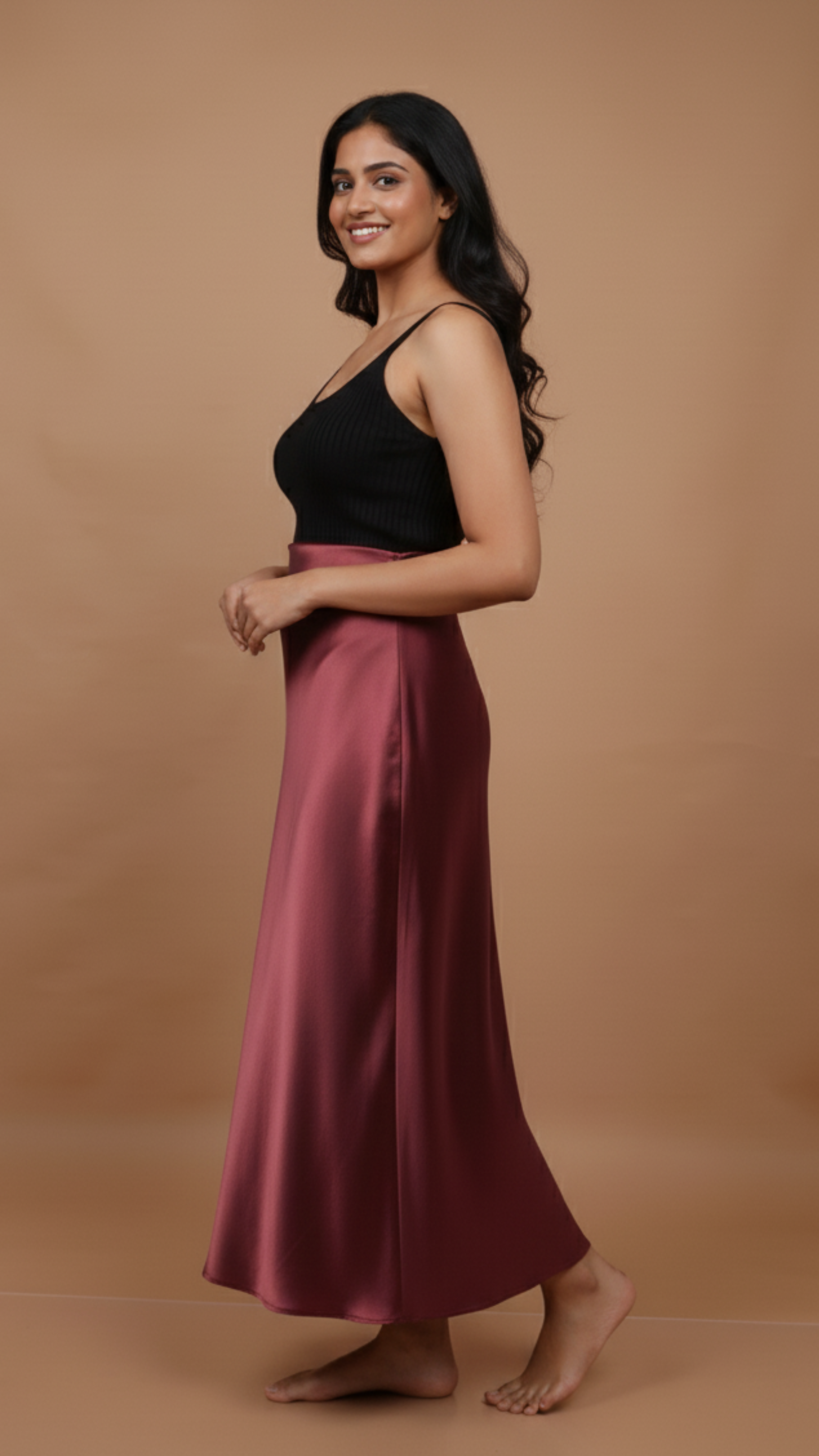 Burgundy Satin Midi Skirt