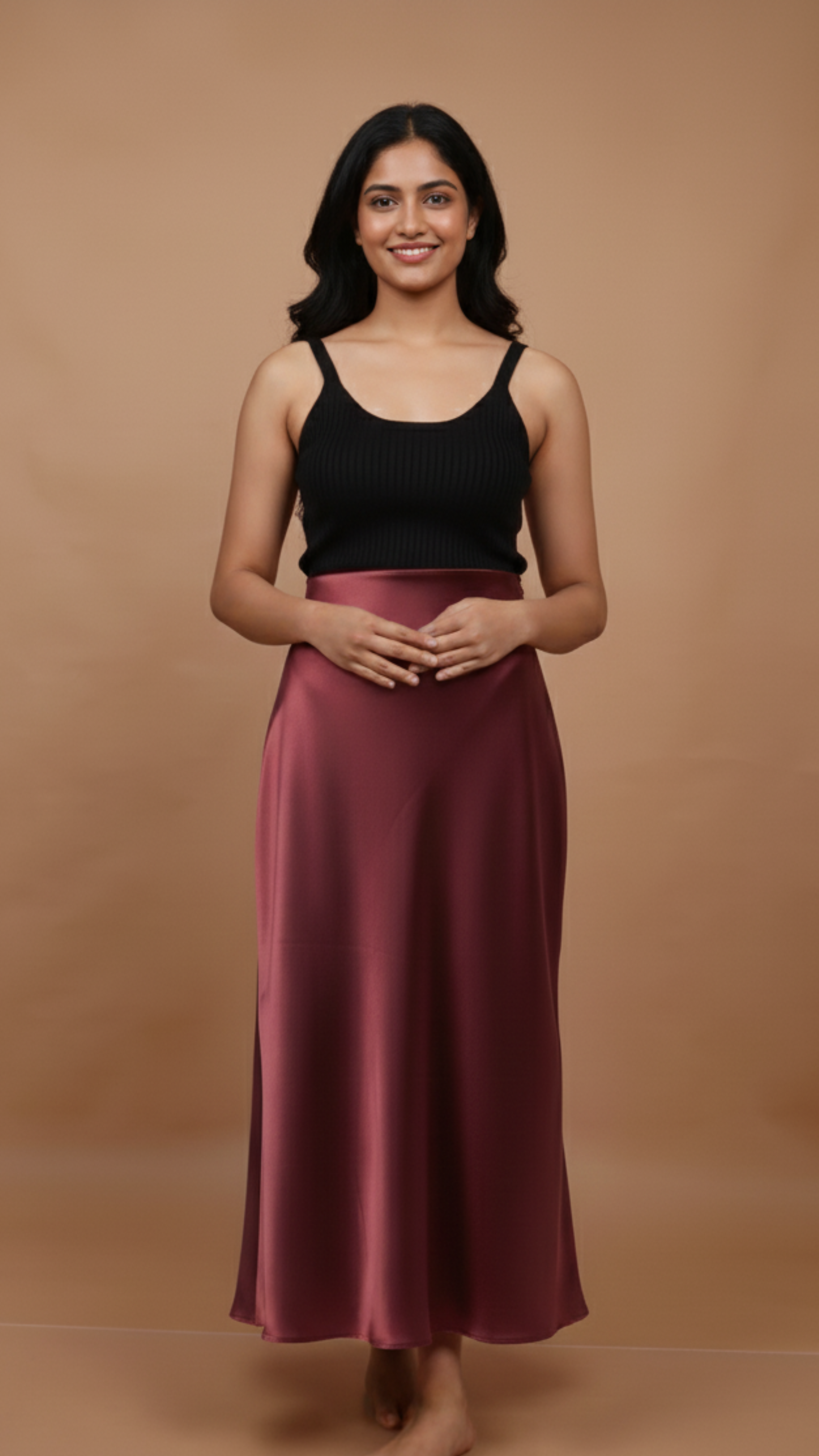 Burgundy Satin Midi Skirt