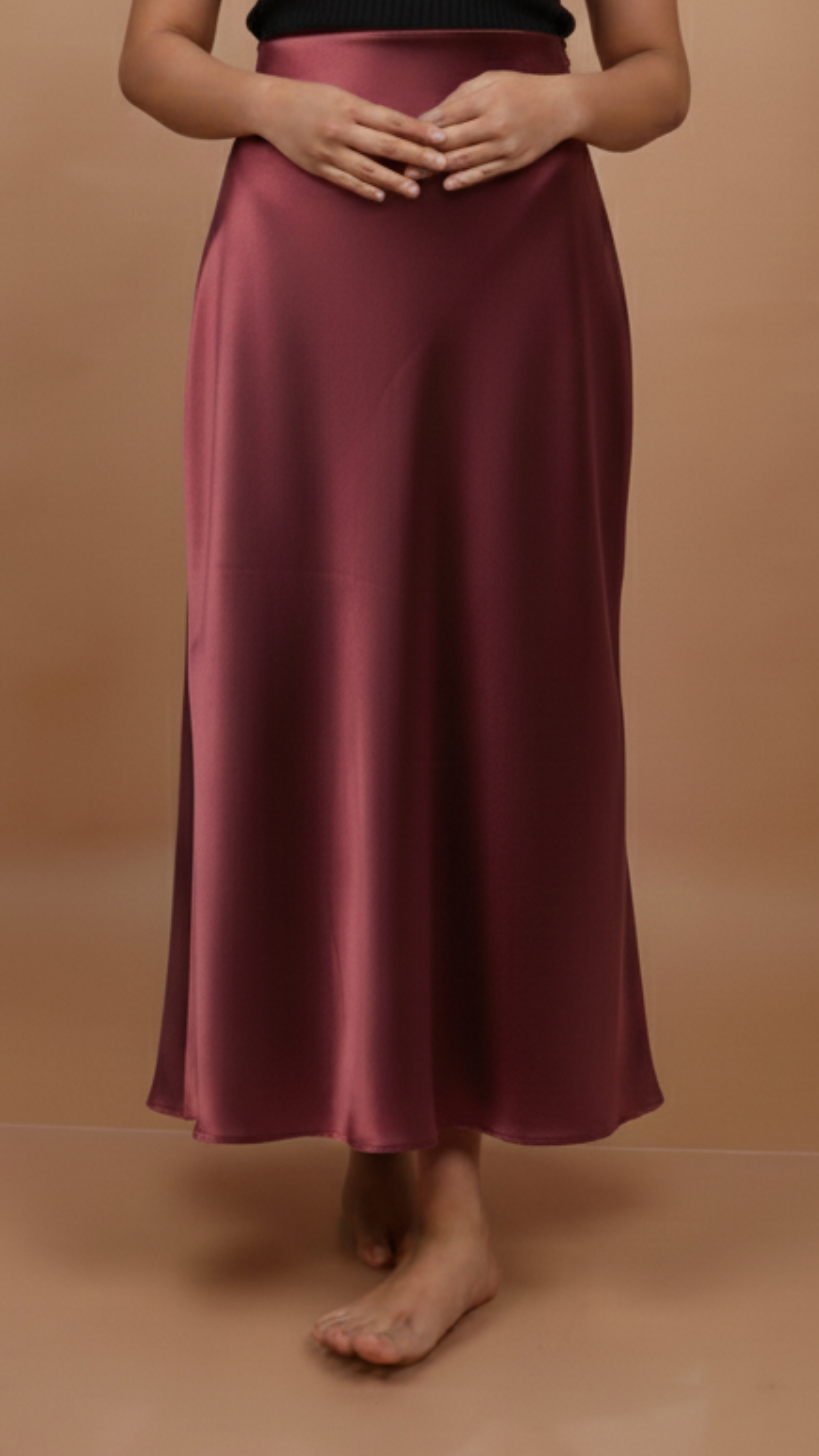 Burgundy Satin Midi Skirt
