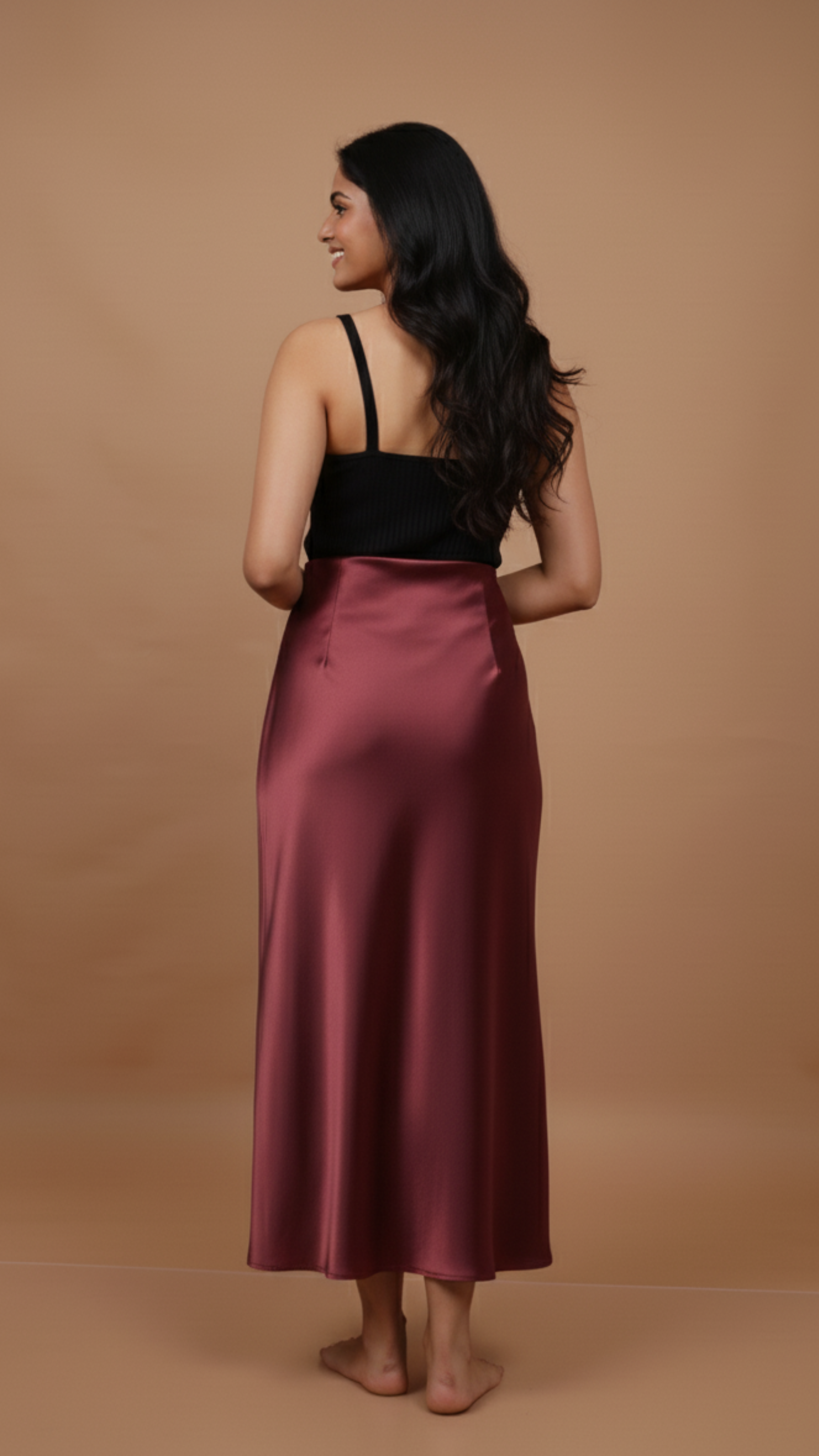 Burgundy Satin Midi Skirt